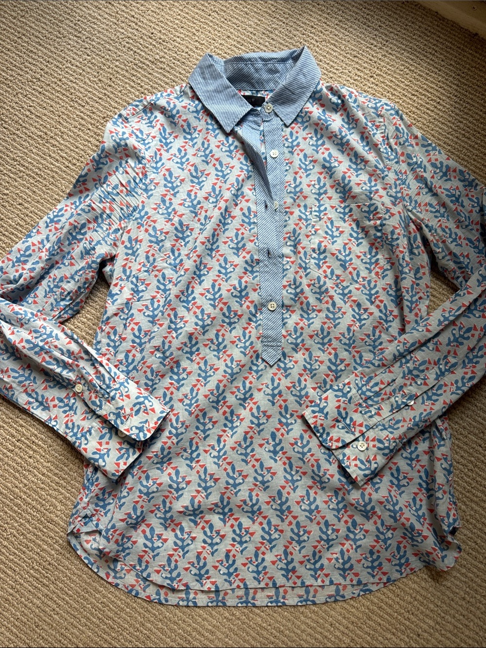 J. Crew Blue and Coral Floral Button Polo Tunic
